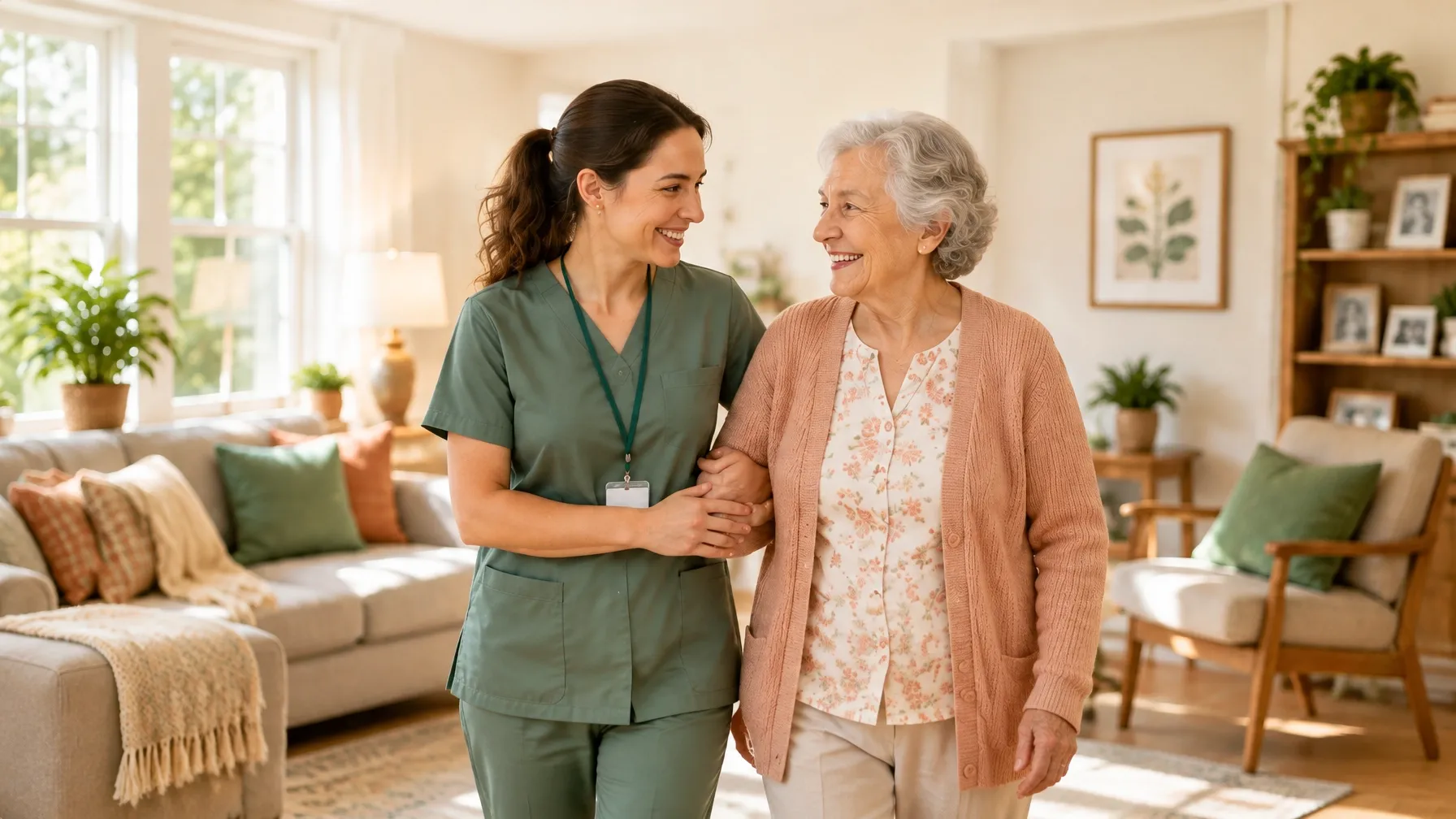 A caregiver and older adult sharing a warm moment together at home